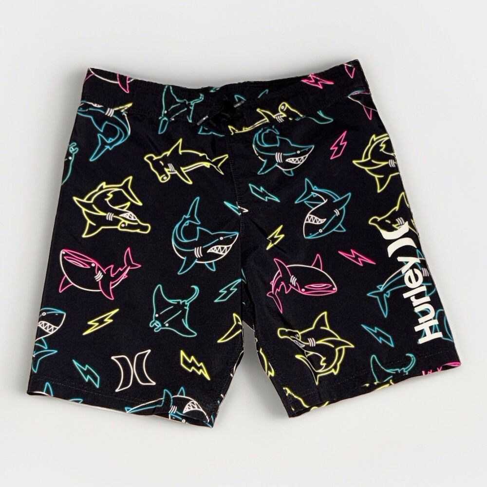Hurley Boys Size 5/6 Black Neon Shark Print Board Shorts Swim Trunks Surf Youth